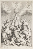KG 12813
<br/>
Wapenuitbeelding van de Monti gedragen door drie deugden.
<br/>
<em>Picart, Bernard (1673-1733)</em>